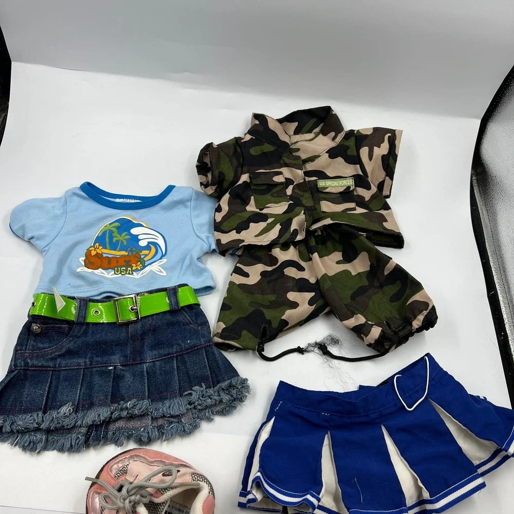 BAB Build A Bear Clothing & Skechers Shoes Lot Military Set Denim Skirt‎ Tshirt